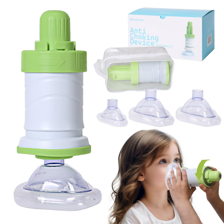 Automatic Choking Rescue Device for Kids and Adults with 3 Masks, featuring a child using the device for safety.
