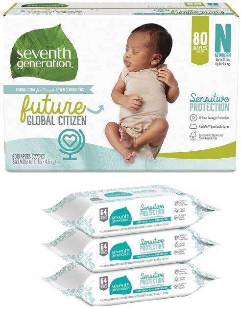 Seventh Generation Baby Diapers Chlorine Free Newborn Diapers package with a baby, highlighting sensitive protection and eco-friendliness.