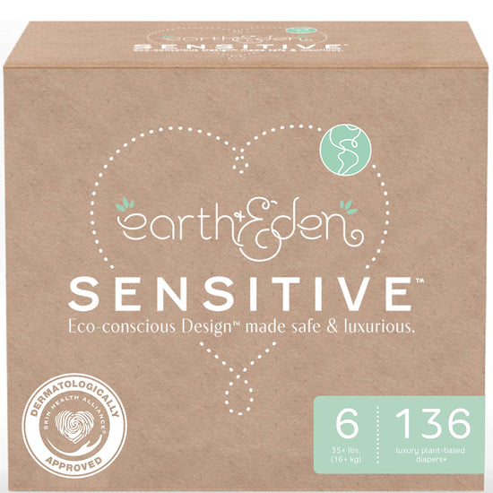 Earth & Eden Eco-Conscious & Hypoallergenic Diapers Size 6 packaging with design and product details.