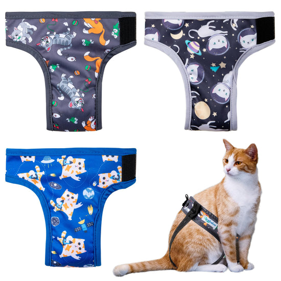 Reusable Washable Cat Diapers 3 Pack Female Cats & Male Cats in fun patterns with an orange cat wearing a harness.