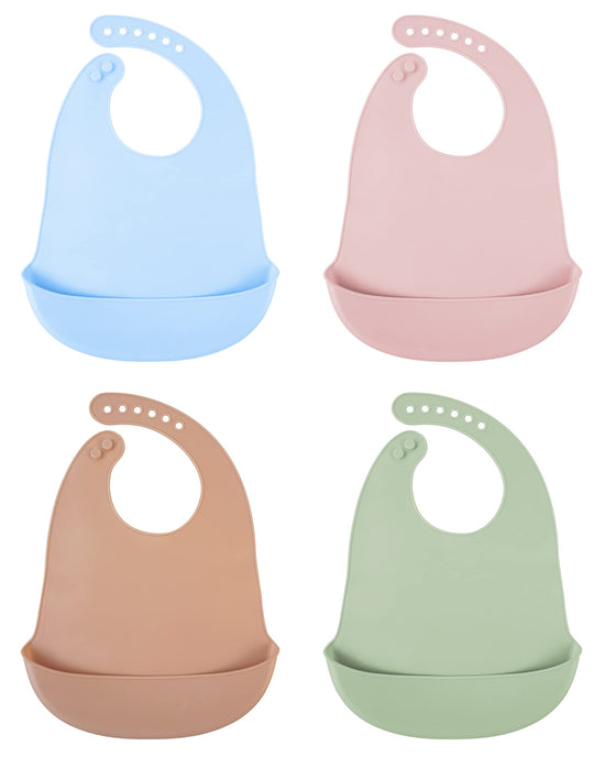 4 pcs Silicone Bibs Baby Bibs Waterproof Adjustable Toddler Bibs in blue, pink, brown, and green colors.