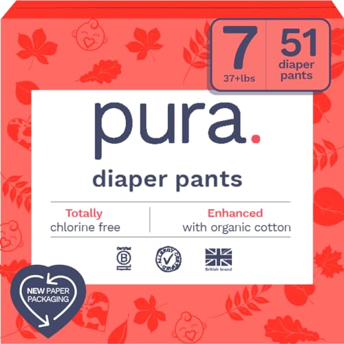 Pura Size 7 Diaper Pants 51 Total 37+lbs packaging showing eco-friendly features.