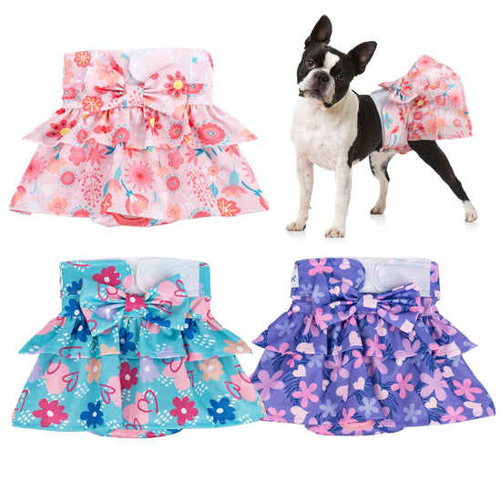 Pet Soft Female Dog Diapers - 3Pack Washable Dress-Style Size SM in floral patterns on a dog.