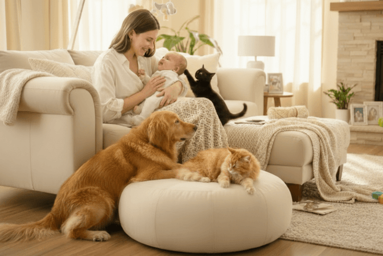 Woman holding a baby with a dog on a ottoman in a cozy living room, featuring 'Snuggle & Sprout' branding.
