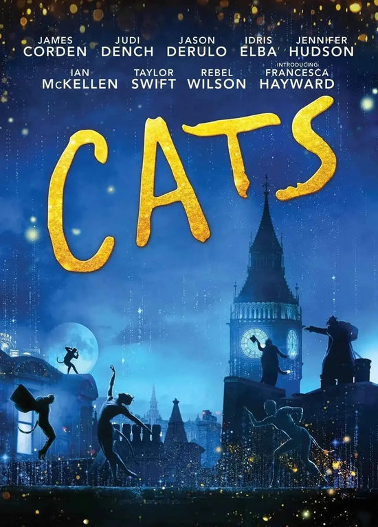 Cats 2019 DVD cover featuring a star-studded cast including James Corden and Taylor Swift in a musical adaptation.